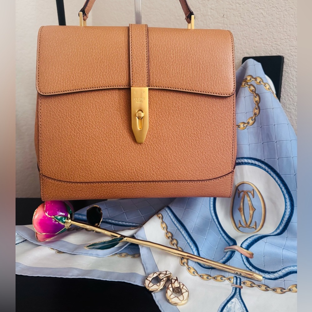 Celine 
Small 16 1994 Top Handle Bag Tan Grained Calfskin Gold Hardware